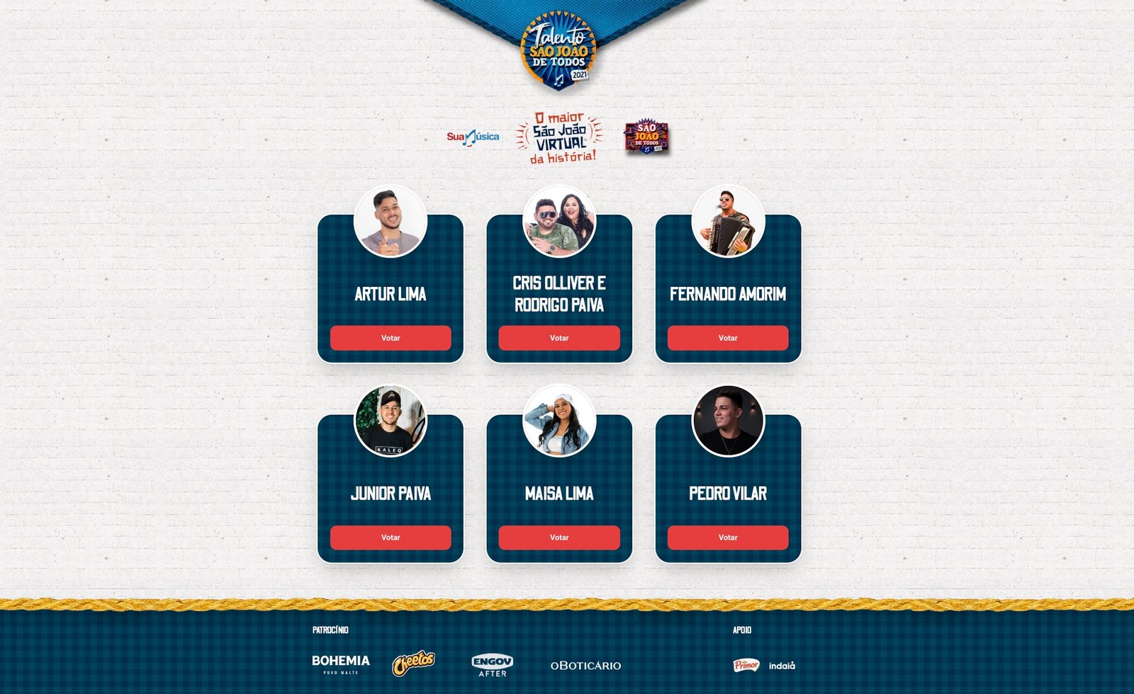 Tela de votação do Talento São João de Todos 2021: seis cartões de artistas finalistas, cada um com foto, nome e um botão vermelho “Votar”, sob o selo “O maior São João virtual da história!” e os logos de patrocinadores no rodapé.